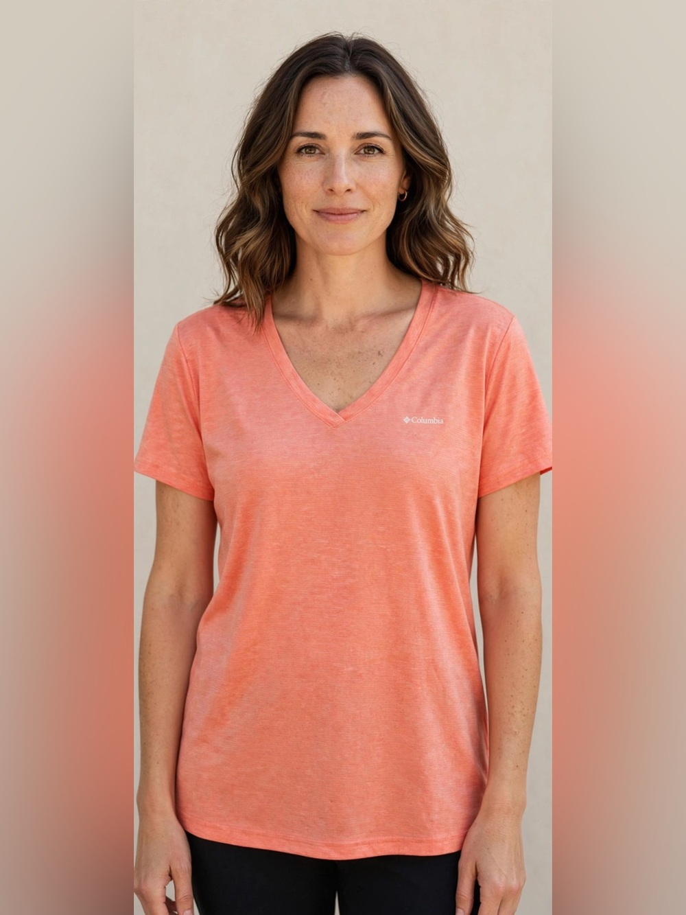 Columbia Coral V-Neck Short Sleeve Tee - Peachy Coral